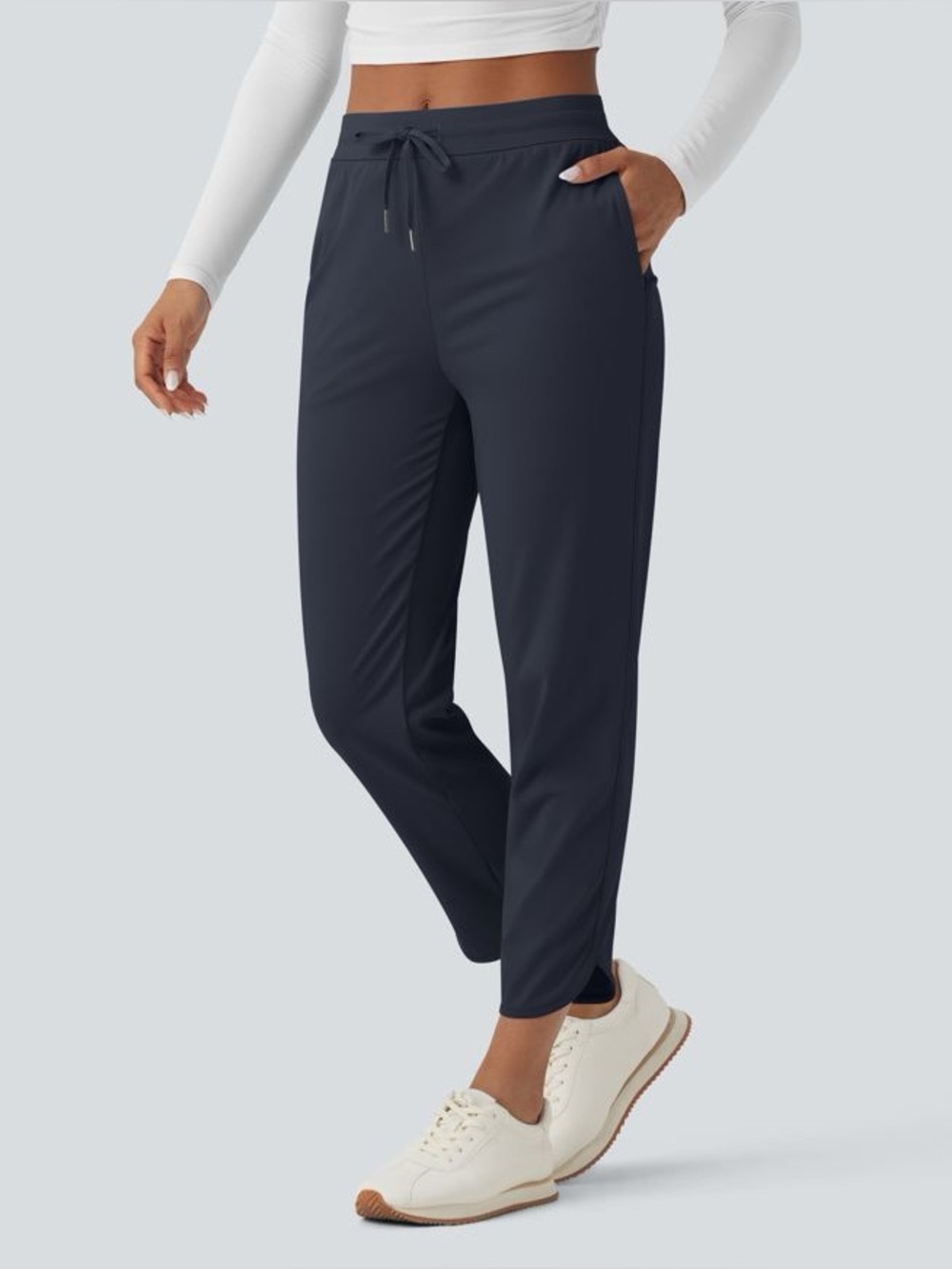 NWOT Halara drawstring curved hem track pants blue small